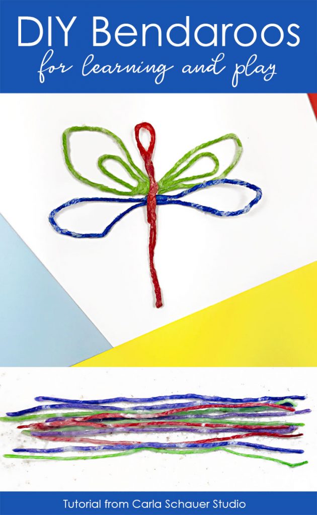 DIY Bendaroo dragonfly and sticks on colored paper background.
